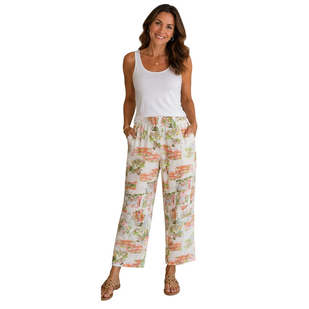 Cynthia Rowley Linen Crop Pants White Scenic Print Pull-On Elastic Back L